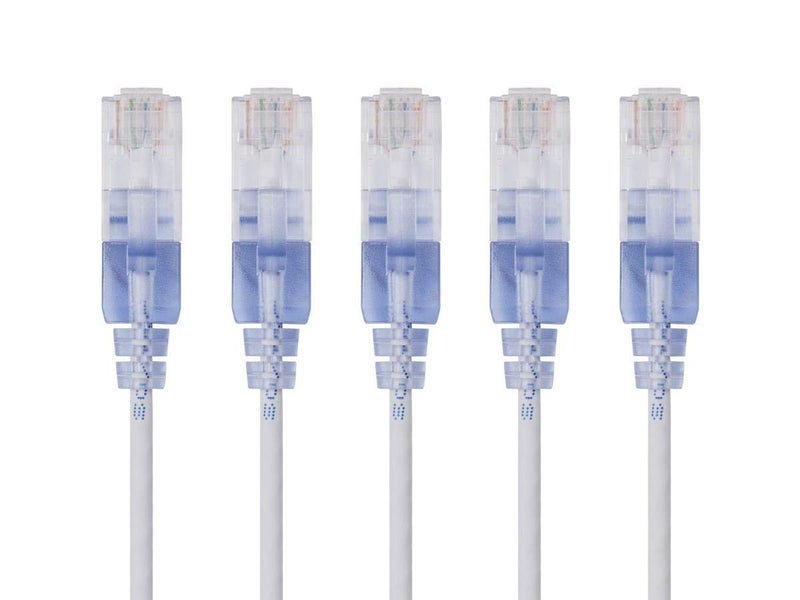 Monoprice SlimRun Cat6A Ethernet Patch Cable - Network Internet Cord - RJ45, Stranded, UTP, Pure Bare Copper Wire, 30AWG, 0.5 Feet, White, 5-Pack - Image 1
